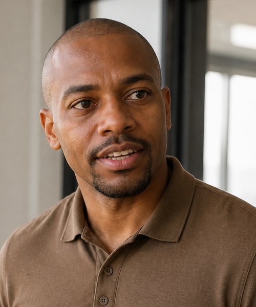 Portrait of Koby Wilson in a brown polo shirt at the office
