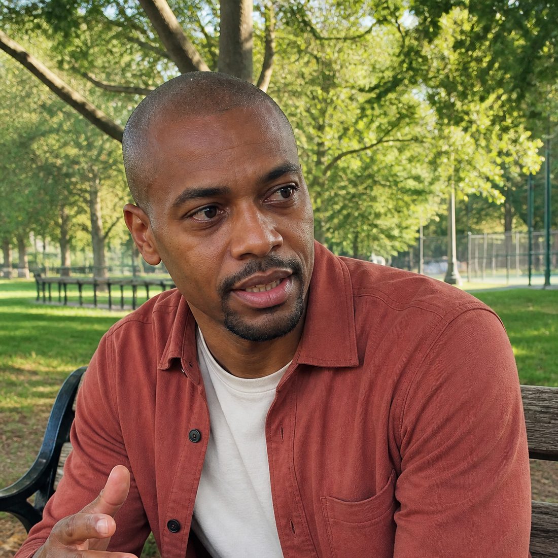 Koby Wilson, Content Writer at Casino.org, talking on a park bench